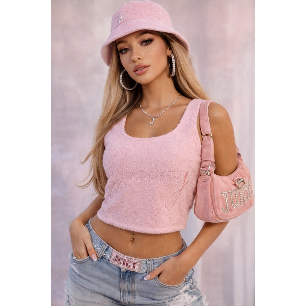 Juicy Couture Tank Top Womens Small Pink Embroidered Sleep Top Fleece Crop Y2K